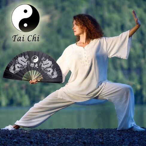 OMyTea Bamboo Large Rave Folding Hand Fan for Men/Women - Chinese Japanese Kung Fu Tai Chi Handheld Fan with Fabric Case - for Performance, Decorations, Dancing, Festival, Gift (Solid Black) in Saudi Arabia