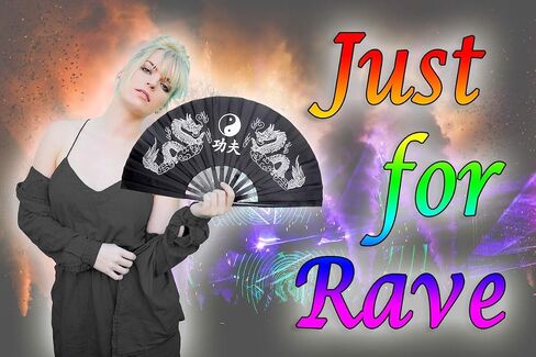 OMyTea Bamboo Large Rave Folding Hand Fan for Men/Women - Chinese Japanese Kung Fu Tai Chi Handheld Fan with Fabric Case - for Performance, Decorations, Dancing, Festival, Gift (Solid Black) in Saudi Arabia
