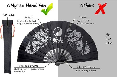 OMyTea Bamboo Large Rave Folding Hand Fan for Men/Women - Chinese Japanese Kung Fu Tai Chi Handheld Fan with Fabric Case - for Performance, Decorations, Dancing, Festival, Gift (Solid Black) in Saudi Arabia