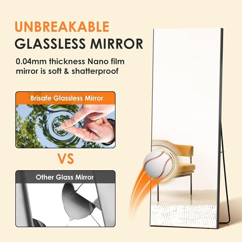 brisafe Full Length Body Mirror 63 * 20 Inch Floor Mirrors, Black Wall Mirror for Bedroom/Bathroom/Living Room, Shatterproof Mirror for Kids, Large Mirror, Floor Mirror Full Length in Kuwait