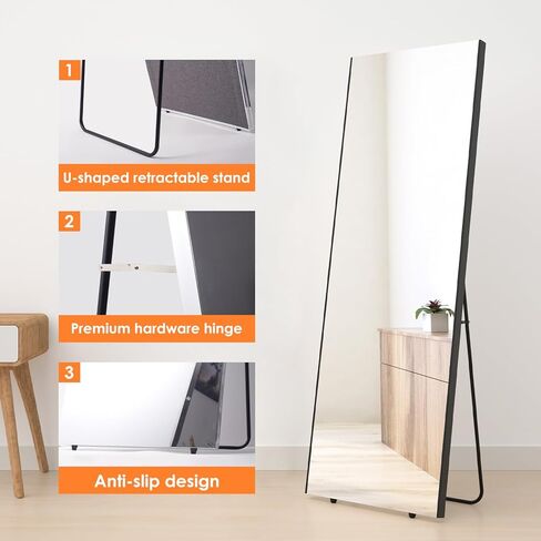 brisafe Full Length Body Mirror 63 * 20 Inch Floor Mirrors, Black Wall Mirror for Bedroom/Bathroom/Living Room, Shatterproof Mirror for Kids, Large Mirror, Floor Mirror Full Length in Kuwait