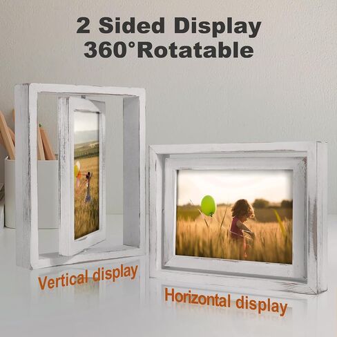 Egofine 2 Pack 5x7 Rotating Floating Picture Frames,Double-Sided Display with HD Glass Front Wooden Distressed Frame for Vertical or Horizontal Tabletop Display, Carbonization in Kuwait
