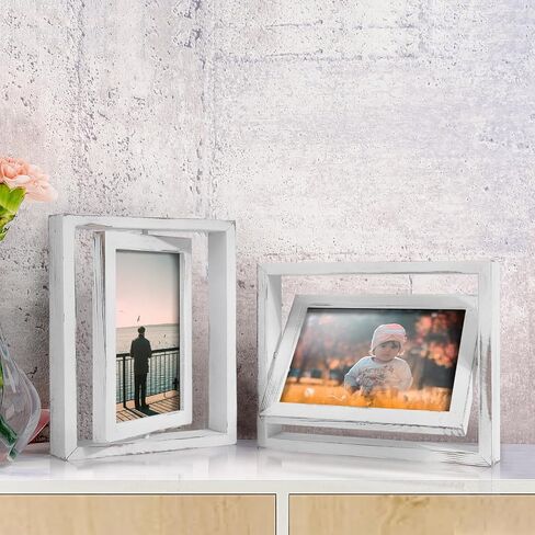 Egofine 2 Pack 5x7 Rotating Floating Picture Frames,Double-Sided Display with HD Glass Front Wooden Distressed Frame for Vertical or Horizontal Tabletop Display, Carbonization in Kuwait