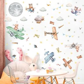 Vintage Airplane Wall Decals Cartoon Aircraft Balloon Animal Wall Stickers Moon Star Cloud Fabric Wall Stickers Cute Helicopter Watercolor Plane Wall Decals for Boys Room Kids Bedroom Nursery Decor