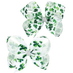 2 Packs St. Patrick's Day Hair Bows Clips Irish Shamrock Clover Hair Bows Hair Pins for Kids Grosgrain Ribbon Green Saint Headwear Hairpin Alligator Clips Bows for Girls Toddlers Kids Women