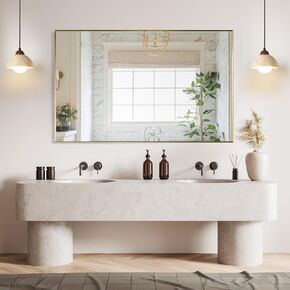 مرآة حائط ALTAIR مقاس 48 بوصة × 30 بوصة للحمام مصقولة باللون الذهبي مستطيلة معدنية مؤطرة مرآة زينة للحمام مقاومة للرطوبة وديكور منزلي مضاد للصدأ in Kuwait