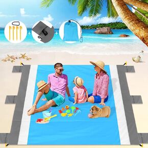 بطانية شاطئ Libay - بساط شاطئ مقاوم للرمل مقاس 79 بوصة × 83 بوصة مناسب لـ 4-7 بالغين - بطانيات شاطئ سريعة الجفاف مقاومة للماء خفيفة الوزن ومحمولة في الهواء الطلق للتخييم والمشي لمسافات طويلة (رمادي-أبيض-أزرق) in Kuwait