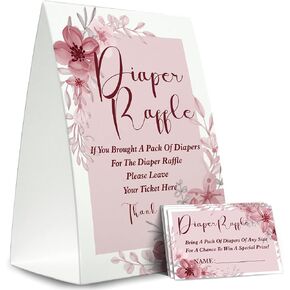 مجموعة ألعاب رافل للحفاضات، رافل بيبي شاور (1 لافتة واقفة + 50 بطاقة تخمين)، تذكرة إدخال الأزهار الوردية، زينة استحمام الطفل، بطاقة لعبة حمام الطفل لتجلب حزمة من الحفاضات- XN19 in Kuwait