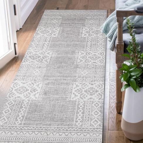 jinchan boho المطبخ عداء البساط 3x8 خمر البساط المدخل البساط قابل للغسل البساط الهندسي عداء غير زلة القبلية رقيقة البساط مزرعة السجاد عداء لغرفة النوم الحمام غرفة الغسيل غرفة المعيشة رمادي عاجي in Kuwait