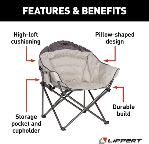 Lippert Big Bear Duotone Camping Chair - Dark Grey with Sand Accent, Comfortable Round Shape, Oversized Pillow Cushions, Powder Coated Steel, 600D Polyester Fabric, 300 lb. Capacity, 2022114817 in Saudi Arabia