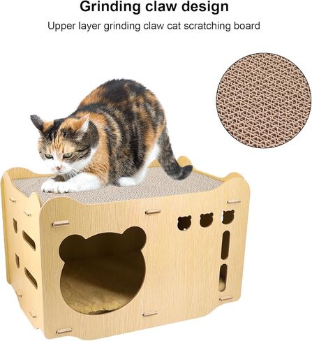 Wooden Cat House Corrugated Cat Scratch Board Detachable Design Wear-Resistant and Chip-Free Vertical Double-Layer Superimposed Cat Nest, Stable and Solid, Available on Both Sides (Cat Shape) in Kuwait