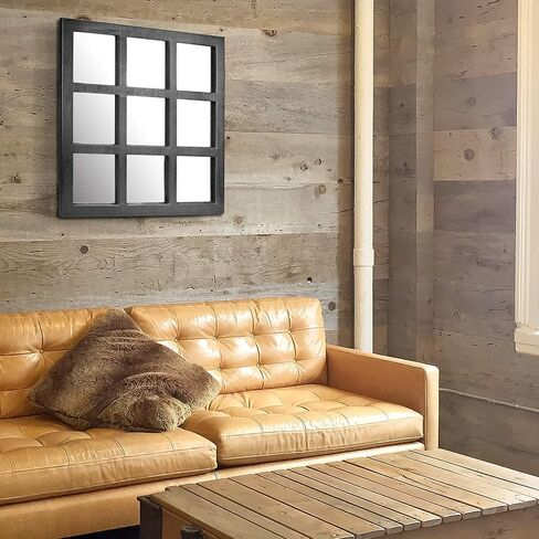 Stonebriar 23.5" x 23.5" Square Black 9 Window Pane Hanging Wall Mirror with Attached Mounting Brackets, Decorative Rustic Decor for The Living Room, Bedroom, Bathroom, Hallway, and Entryway in Saudi Arabia