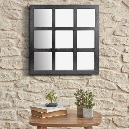Stonebriar 23.5" x 23.5" Square Black 9 Window Pane Hanging Wall Mirror with Attached Mounting Brackets, Decorative Rustic Decor for The Living Room, Bedroom, Bathroom, Hallway, and Entryway in Saudi Arabia