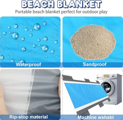 بطانية شاطئ Libay - بساط شاطئ مقاوم للرمل مقاس 79 بوصة × 83 بوصة مناسب لـ 4-7 بالغين - بطانيات شاطئ سريعة الجفاف مقاومة للماء خفيفة الوزن ومحمولة في الهواء الطلق للتخييم والمشي لمسافات طويلة (رمادي-أبيض-أزرق) in Kuwait