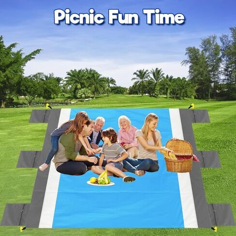 بطانية شاطئ Libay - بساط شاطئ مقاوم للرمل مقاس 79 بوصة × 83 بوصة مناسب لـ 4-7 بالغين - بطانيات شاطئ سريعة الجفاف مقاومة للماء خفيفة الوزن ومحمولة في الهواء الطلق للتخييم والمشي لمسافات طويلة (رمادي-أبيض-أزرق) in Kuwait