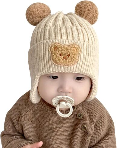 IMLECK Earflap Hat Cute Bear Double Ball Beanie Cap Winter Warm Knit Hat for Toddlers Baby Girls and Boys in Saudi Arabia