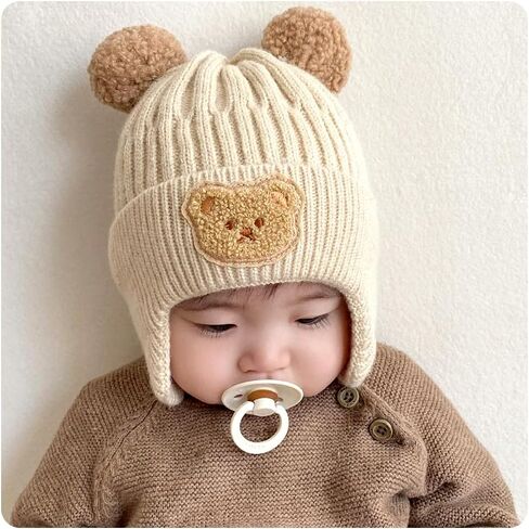 IMLECK Earflap Hat Cute Bear Double Ball Beanie Cap Winter Warm Knit Hat for Toddlers Baby Girls and Boys in Saudi Arabia