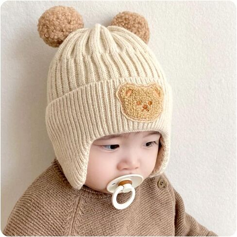 IMLECK Earflap Hat Cute Bear Double Ball Beanie Cap Winter Warm Knit Hat for Toddlers Baby Girls and Boys in Saudi Arabia