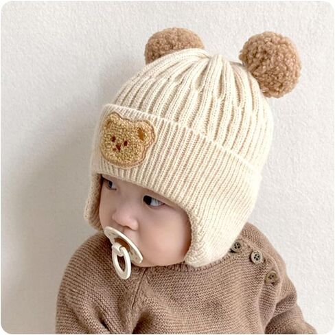 IMLECK Earflap Hat Cute Bear Double Ball Beanie Cap Winter Warm Knit Hat for Toddlers Baby Girls and Boys in Saudi Arabia