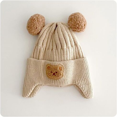 IMLECK Earflap Hat Cute Bear Double Ball Beanie Cap Winter Warm Knit Hat for Toddlers Baby Girls and Boys in Saudi Arabia