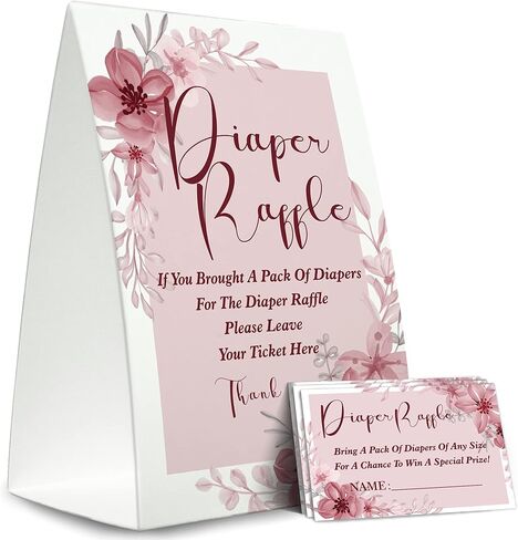 مجموعة ألعاب رافل للحفاضات، رافل بيبي شاور (1 لافتة واقفة + 50 بطاقة تخمين)، تذكرة إدخال الأزهار الوردية، زينة استحمام الطفل، بطاقة لعبة حمام الطفل لتجلب حزمة من الحفاضات- XN19 in Kuwait