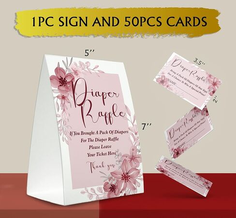 مجموعة ألعاب رافل للحفاضات، رافل بيبي شاور (1 لافتة واقفة + 50 بطاقة تخمين)، تذكرة إدخال الأزهار الوردية، زينة استحمام الطفل، بطاقة لعبة حمام الطفل لتجلب حزمة من الحفاضات- XN19 in Kuwait