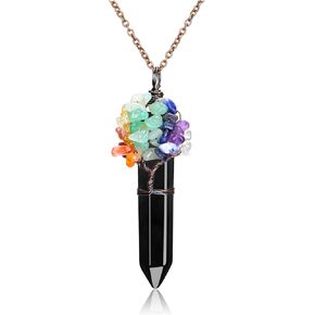 Top Plaza 7 Chakra Healing Crystal Necklace Women Tree of Life Wire Wrapped Natural Gemstone Hexagonal Pendant Necklace Reiki Jewelry Christmas Gifts