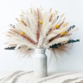 SOSMAR Pampas Grass، 100 قطعة من زهور النباتات الطبيعية المجففة، نبات عشب Pampas، ترتيب زهور بوهو، زهور مجففة رقيق لديكور مزرعة الربيع، ديكور طاولة الزهور، ديكور زفاف طبيعي in Kuwait