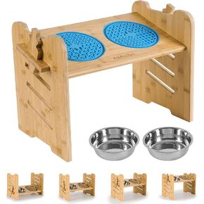 أوعية الكلاب المرتفعة وسجادات اللعق من كيدينج بيتس للكلاب والقطط الكبيرة والمتوسطة والصغيرة، حامل وعاء الحيوانات الأليفة المرتفع من خشب الخيزران الفاخر مع وعاءين من الفولاذ المقاوم للصدأ و2 سجادة لعق للري والتغذية in Kuwait