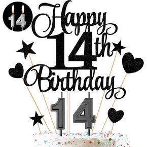 14th Birthday Cake Decorations Set Include 14th Birthday Candles Numeral 14 Cake Candles and Happy 14th Birthday Cake Toppers with Heart Star Cupcake Picks for Birthday Party (Black Series)