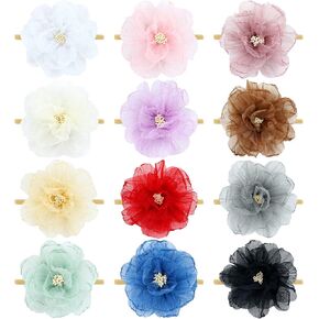 انزوني 12 قطعة من عصابات الرأس المصنوعة من النايلون بتصميم زهرة الاورجانزا واكسسوارات للشعر للبنات حديثي الولادة والرضع والاطفال الصغار in Kuwait