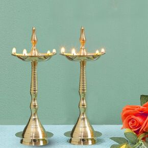 Brass Kerala Diya for Puja (14 inch, Set of 2) - Diya for Pooja - Kutthu Vilakku Samai Diya for Puja Diwali Decorations - Indian Diwali Gifts Hashcart® in Kuwait