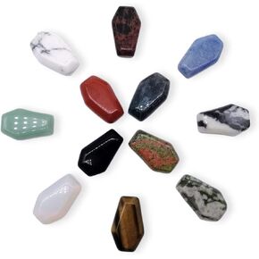 XMHOME Carved Coffin Shaped Worry Stones Pendant Set 1.18 Inch Real Loose Assorted Gemstone Flat Stones for Halloween Jewelry Making Healing Crystal Bulk 12pcs