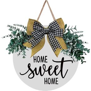 لافتة باب أمامية من MayAvenue Home Sweet Home لافتة خشبية دائرية مع شريط فيونكة وأوراق خضراء اصطناعية، ديكورات الشرفة للمنزل عيد الشكر، أبيض in Kuwait