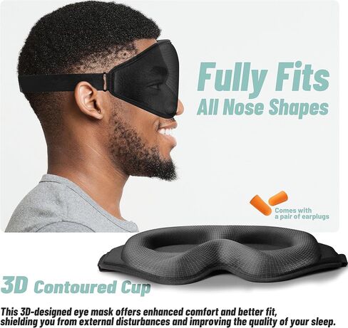 Ultra-Comfort Sleep Mask for Men and Women - 3D Deep Contoured Eye Mask with Adjustable Strap - Ideal for Sleeping, Yoga, and Traveling - Superior Light Blocking Blindfold(Black) in Kuwait
