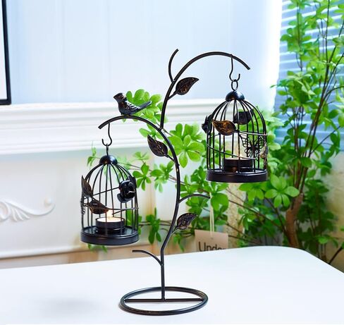 حامل شموع على شكل قفص العصافير فوانيس شموع لأقفاص الطيور المزخرفة لطاولات شموع الزفاف المركزية - مجموعات حامل شموع عتيقة قوطية لتزيين رف الموقد (أسود متعثر 03، S + L) in Kuwait