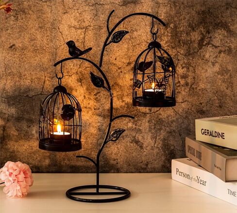 حامل شموع على شكل قفص العصافير فوانيس شموع لأقفاص الطيور المزخرفة لطاولات شموع الزفاف المركزية - مجموعات حامل شموع عتيقة قوطية لتزيين رف الموقد (أسود متعثر 03، S + L) in Kuwait