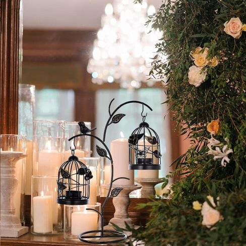 حامل شموع على شكل قفص العصافير فوانيس شموع لأقفاص الطيور المزخرفة لطاولات شموع الزفاف المركزية - مجموعات حامل شموع عتيقة قوطية لتزيين رف الموقد (أسود متعثر 03، S + L) in Kuwait