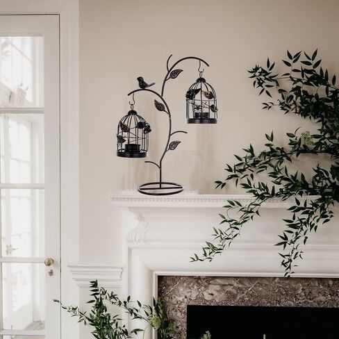 حامل شموع على شكل قفص العصافير فوانيس شموع لأقفاص الطيور المزخرفة لطاولات شموع الزفاف المركزية - مجموعات حامل شموع عتيقة قوطية لتزيين رف الموقد (أسود متعثر 03، S + L) in Kuwait