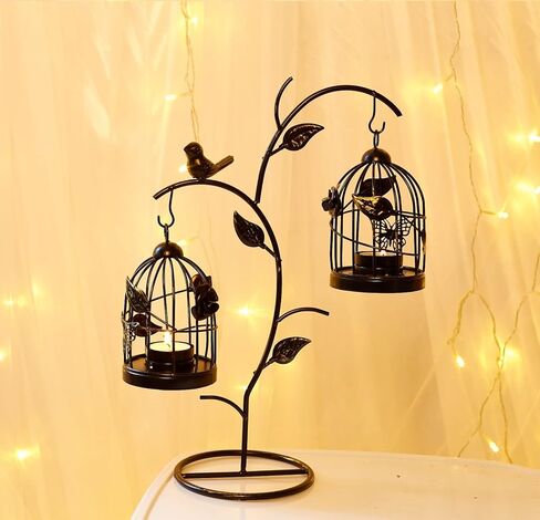 حامل شموع على شكل قفص العصافير فوانيس شموع لأقفاص الطيور المزخرفة لطاولات شموع الزفاف المركزية - مجموعات حامل شموع عتيقة قوطية لتزيين رف الموقد (أسود متعثر 03، S + L) in Kuwait
