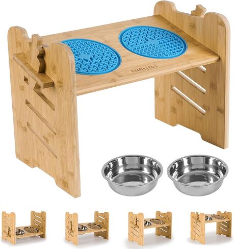 أوعية الكلاب المرتفعة وسجادات اللعق من كيدينج بيتس للكلاب والقطط الكبيرة والمتوسطة والصغيرة، حامل وعاء الحيوانات الأليفة المرتفع من خشب الخيزران الفاخر مع وعاءين من الفولاذ المقاوم للصدأ و2 سجادة لعق للري والتغذية in Kuwait