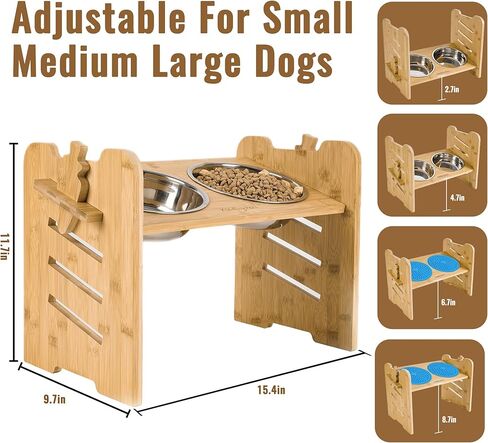أوعية الكلاب المرتفعة وسجادات اللعق من كيدينج بيتس للكلاب والقطط الكبيرة والمتوسطة والصغيرة، حامل وعاء الحيوانات الأليفة المرتفع من خشب الخيزران الفاخر مع وعاءين من الفولاذ المقاوم للصدأ و2 سجادة لعق للري والتغذية in Kuwait