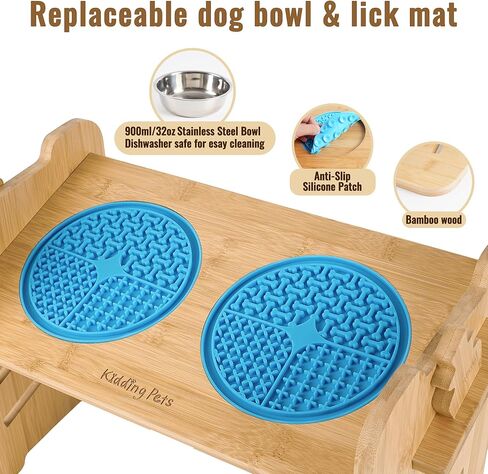 أوعية الكلاب المرتفعة وسجادات اللعق من كيدينج بيتس للكلاب والقطط الكبيرة والمتوسطة والصغيرة، حامل وعاء الحيوانات الأليفة المرتفع من خشب الخيزران الفاخر مع وعاءين من الفولاذ المقاوم للصدأ و2 سجادة لعق للري والتغذية in Kuwait