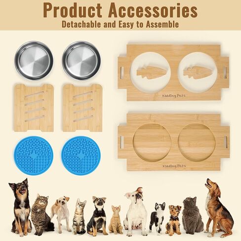 أوعية الكلاب المرتفعة وسجادات اللعق من كيدينج بيتس للكلاب والقطط الكبيرة والمتوسطة والصغيرة، حامل وعاء الحيوانات الأليفة المرتفع من خشب الخيزران الفاخر مع وعاءين من الفولاذ المقاوم للصدأ و2 سجادة لعق للري والتغذية in Kuwait