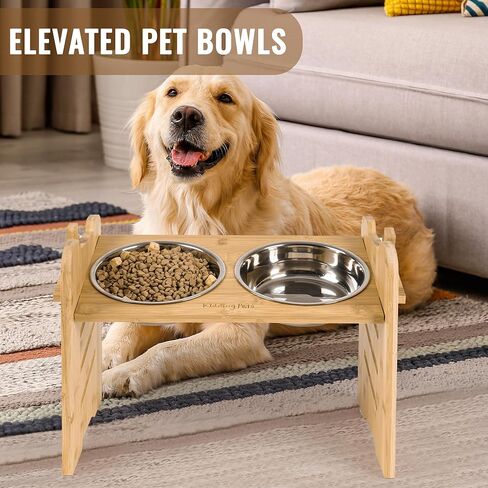 أوعية الكلاب المرتفعة وسجادات اللعق من كيدينج بيتس للكلاب والقطط الكبيرة والمتوسطة والصغيرة، حامل وعاء الحيوانات الأليفة المرتفع من خشب الخيزران الفاخر مع وعاءين من الفولاذ المقاوم للصدأ و2 سجادة لعق للري والتغذية in Kuwait