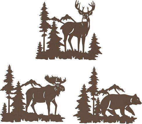 Waiu Metal wall art decor deer bear moose in the forest pine tree, 9.3inch set of 3 Rustic Concise Decoration Hanging for living room bedroom bathroom indoor outdoor, Lodge, Hunting, Cabin Wall Decor, in Saudi Arabia