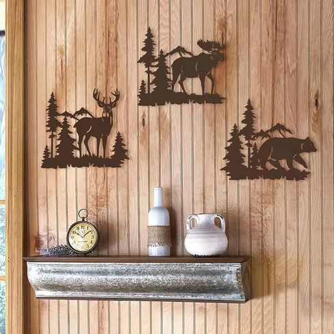 Waiu Metal wall art decor deer bear moose in the forest pine tree, 9.3inch set of 3 Rustic Concise Decoration Hanging for living room bedroom bathroom indoor outdoor, Lodge, Hunting, Cabin Wall Decor, in Saudi Arabia