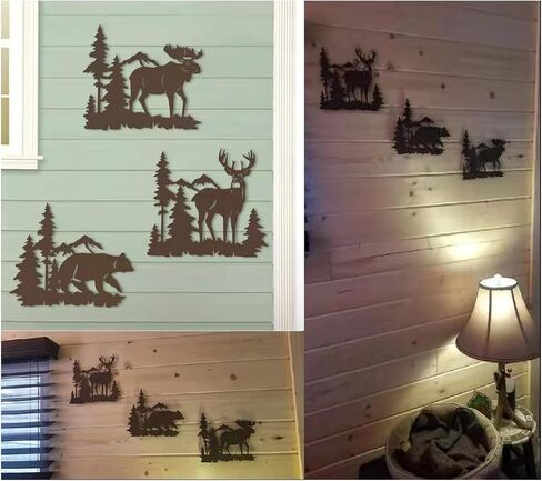 Waiu Metal wall art decor deer bear moose in the forest pine tree, 9.3inch set of 3 Rustic Concise Decoration Hanging for living room bedroom bathroom indoor outdoor, Lodge, Hunting, Cabin Wall Decor, in Saudi Arabia