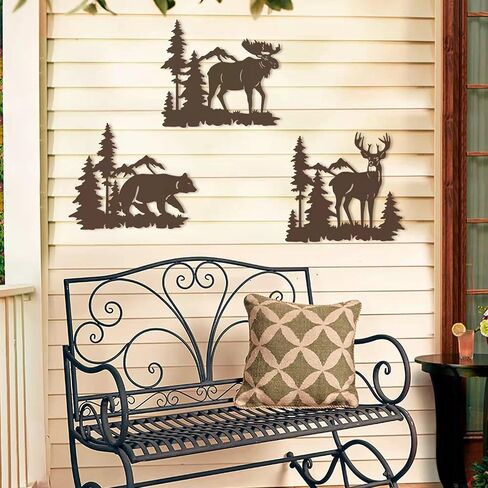 Waiu Metal wall art decor deer bear moose in the forest pine tree, 9.3inch set of 3 Rustic Concise Decoration Hanging for living room bedroom bathroom indoor outdoor, Lodge, Hunting, Cabin Wall Decor, in Saudi Arabia