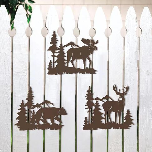 Waiu Metal wall art decor deer bear moose in the forest pine tree, 9.3inch set of 3 Rustic Concise Decoration Hanging for living room bedroom bathroom indoor outdoor, Lodge, Hunting, Cabin Wall Decor, in Saudi Arabia